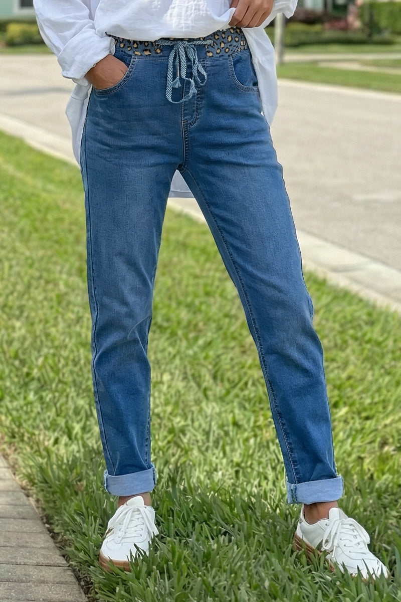 Jean délavé slim stretch ceinture élastique léopard brillant