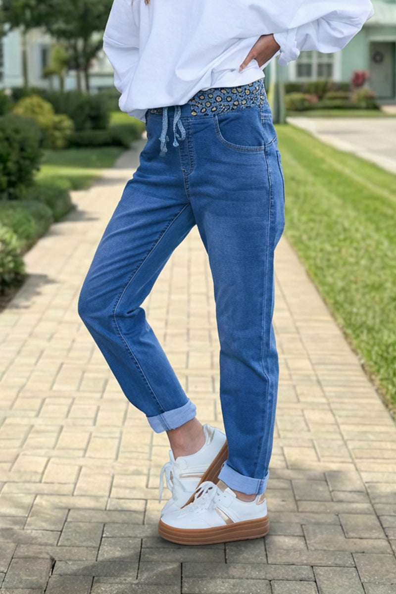 Jean délavé slim stretch ceinture élastique léopard brillant