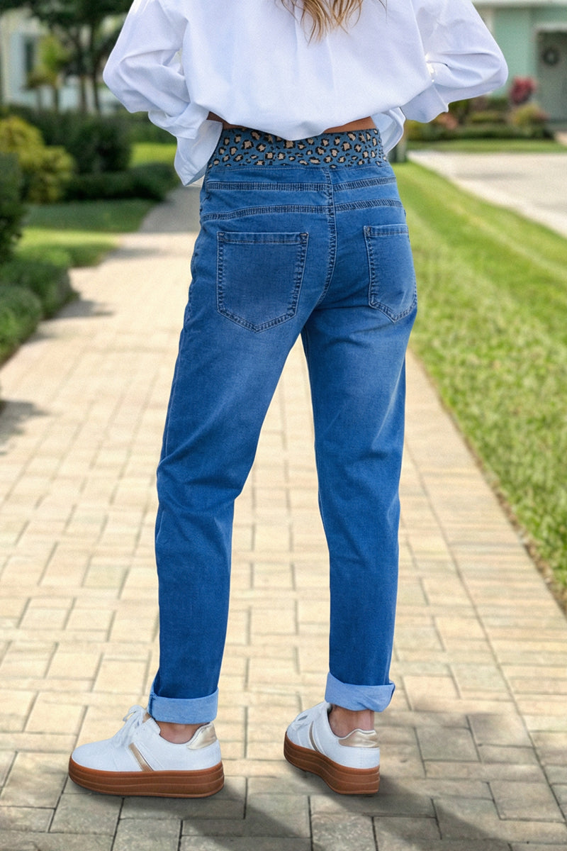 Jean délavé slim stretch ceinture élastique léopard brillant