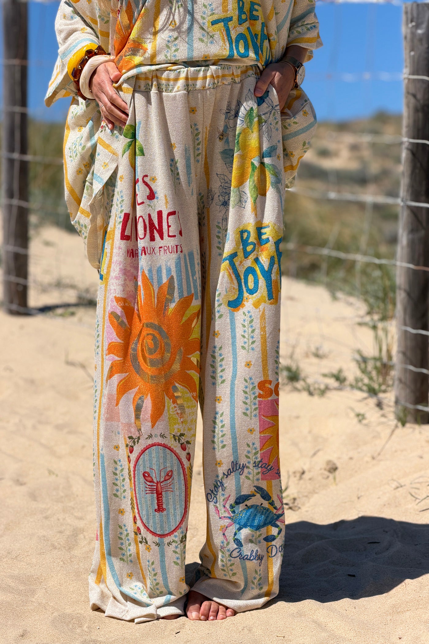 Pantalon brillant lurex large et fluide imprime rayures Soleil et Limones citrons