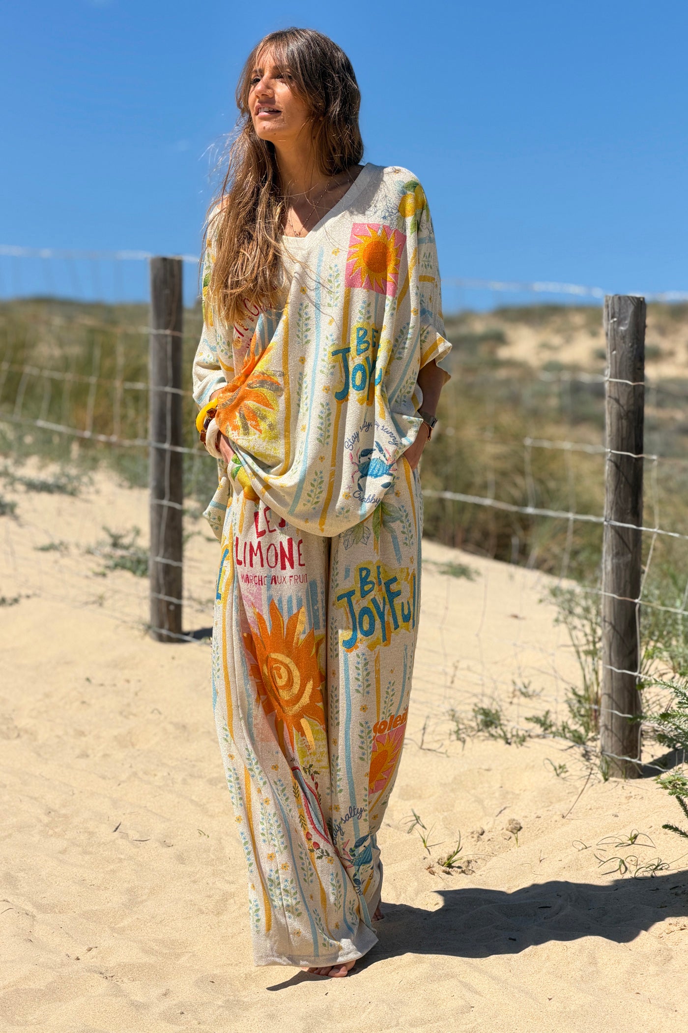Pantalon brillant lurex large et fluide imprime rayures Soleil et Limones citrons