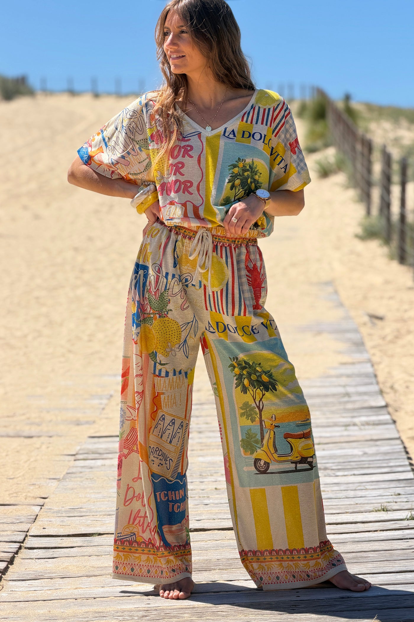 Pantalon brillant lurex large et souple imprimé coloré Dolce Vita Italie et cadres