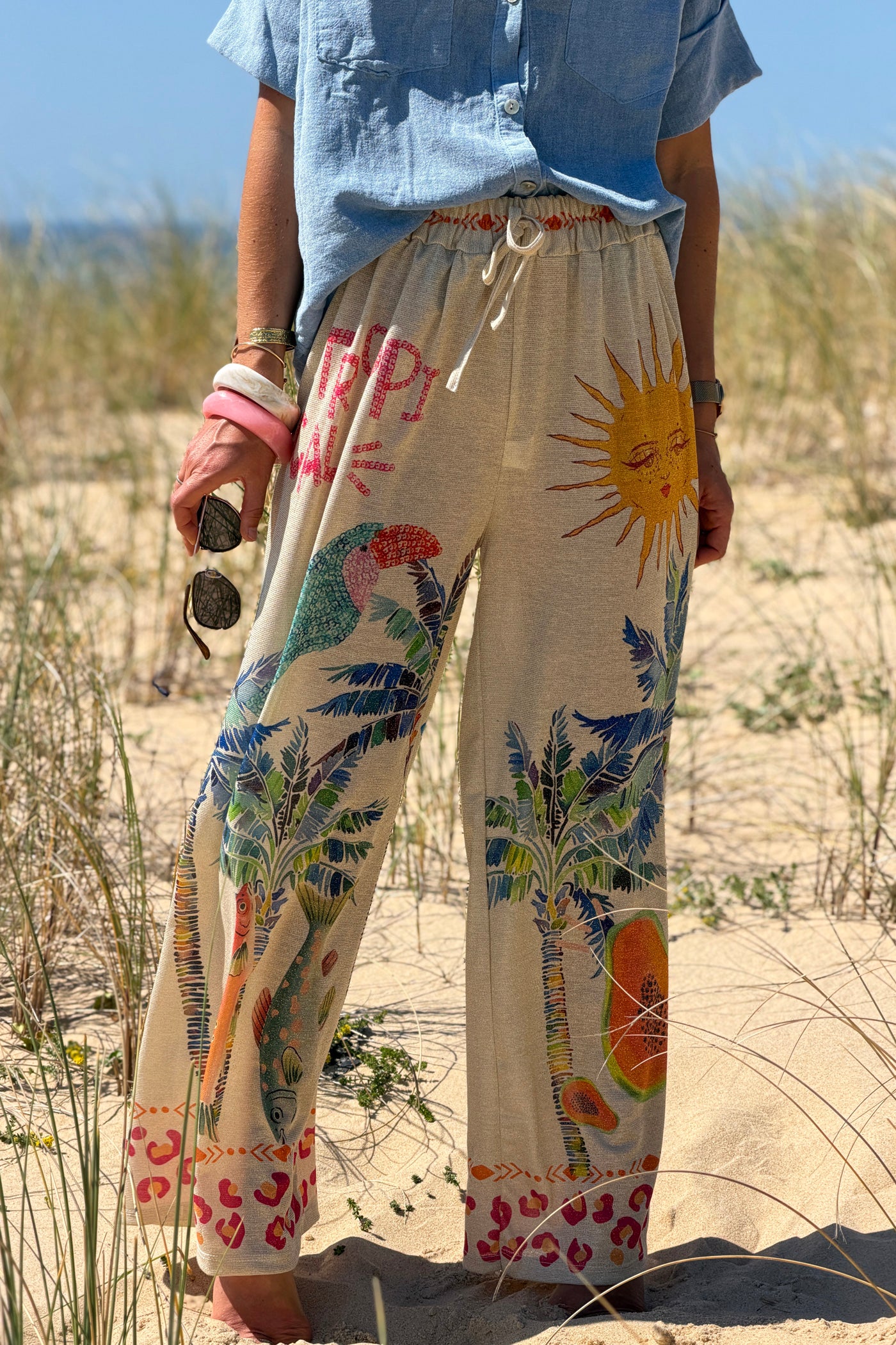 Beige Tropical Abstract Glitter Knit Pants