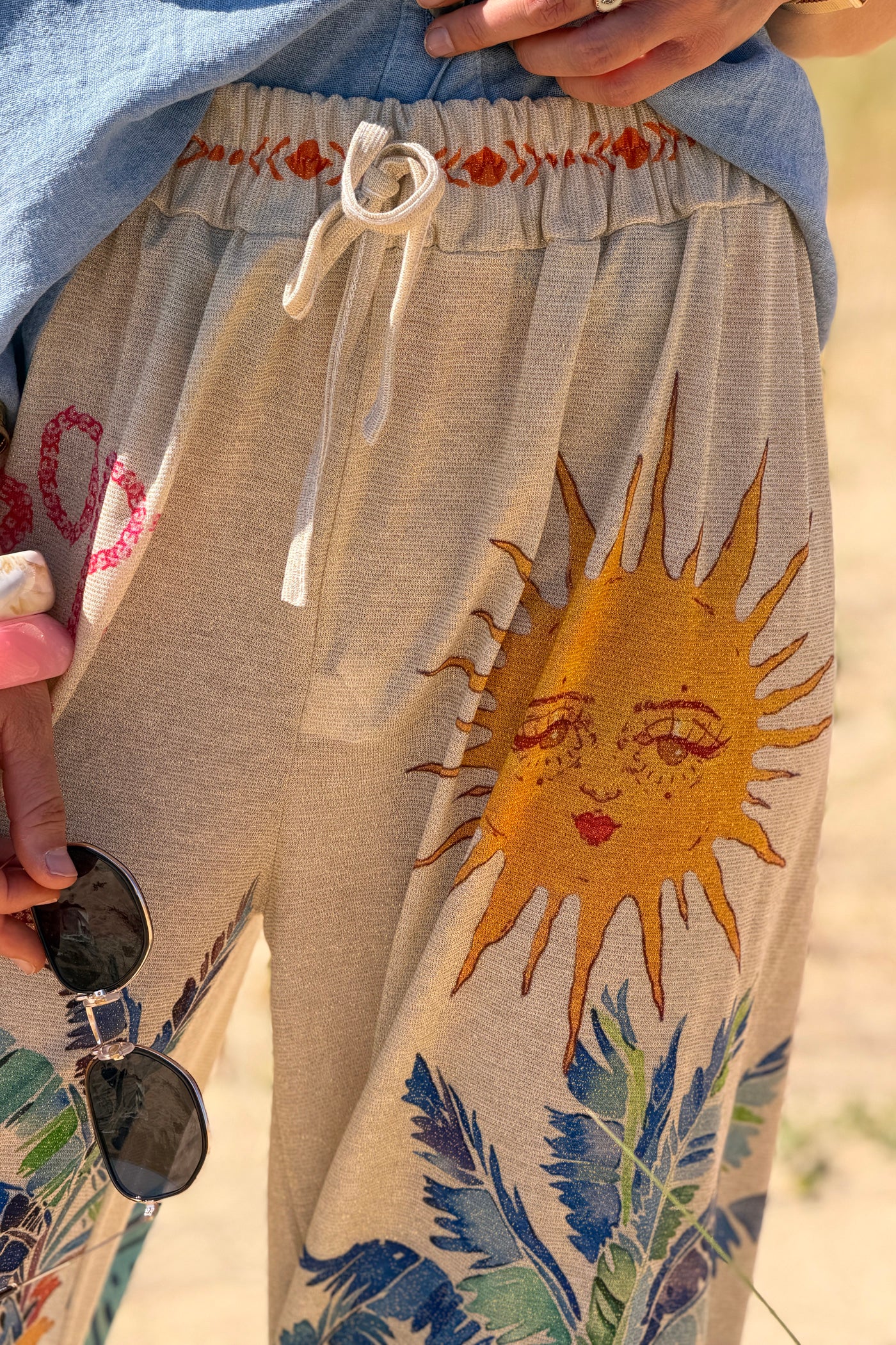Beige Tropical Abstract Glitter Knit Pants