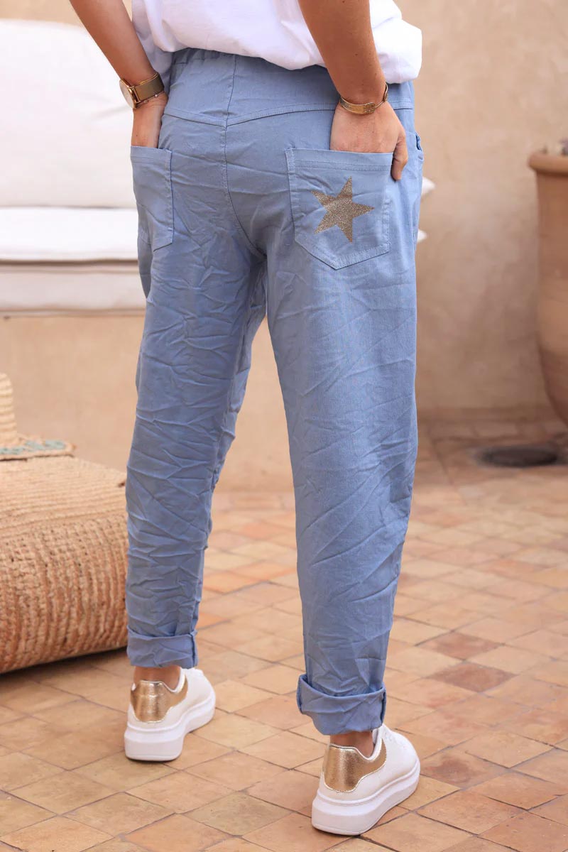 Pantalon confort bleu jean en toile stretch étoile brillante paillettes