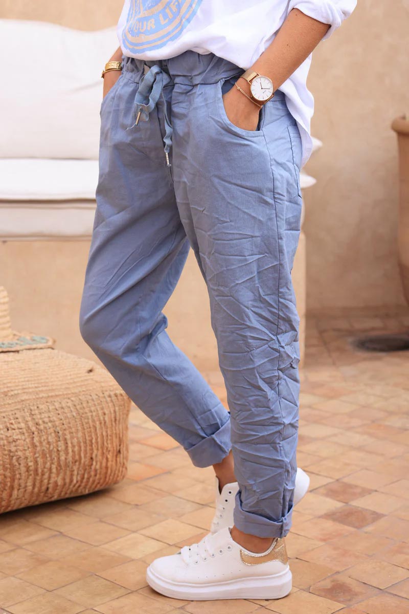 Pantalon confort bleu jean en toile stretch étoile brillante paillettes
