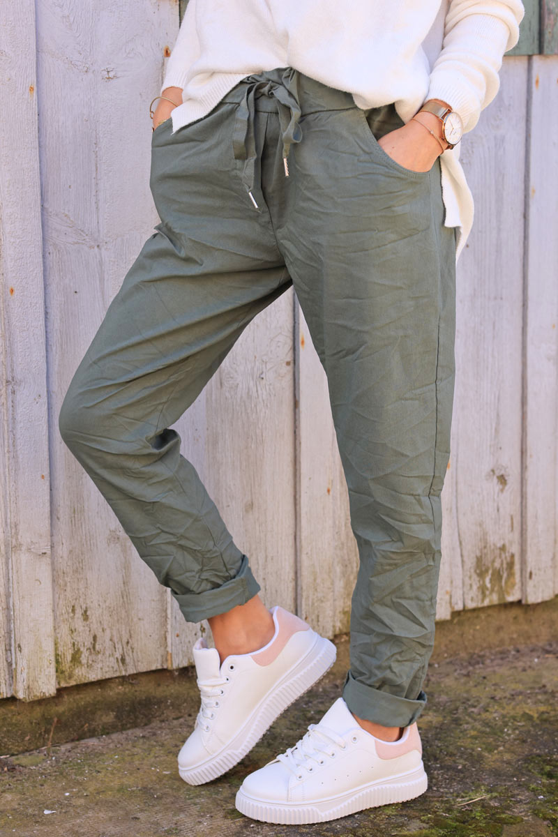 Olive comfort and stretch fabric pants with a glitter star