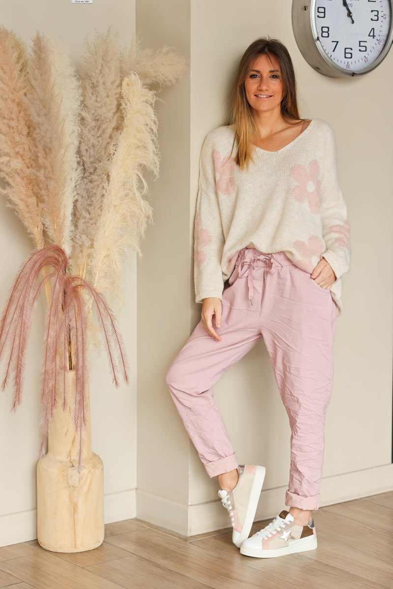 Pantalon confort rose pâle en toile stretch étoile brillante paillettes