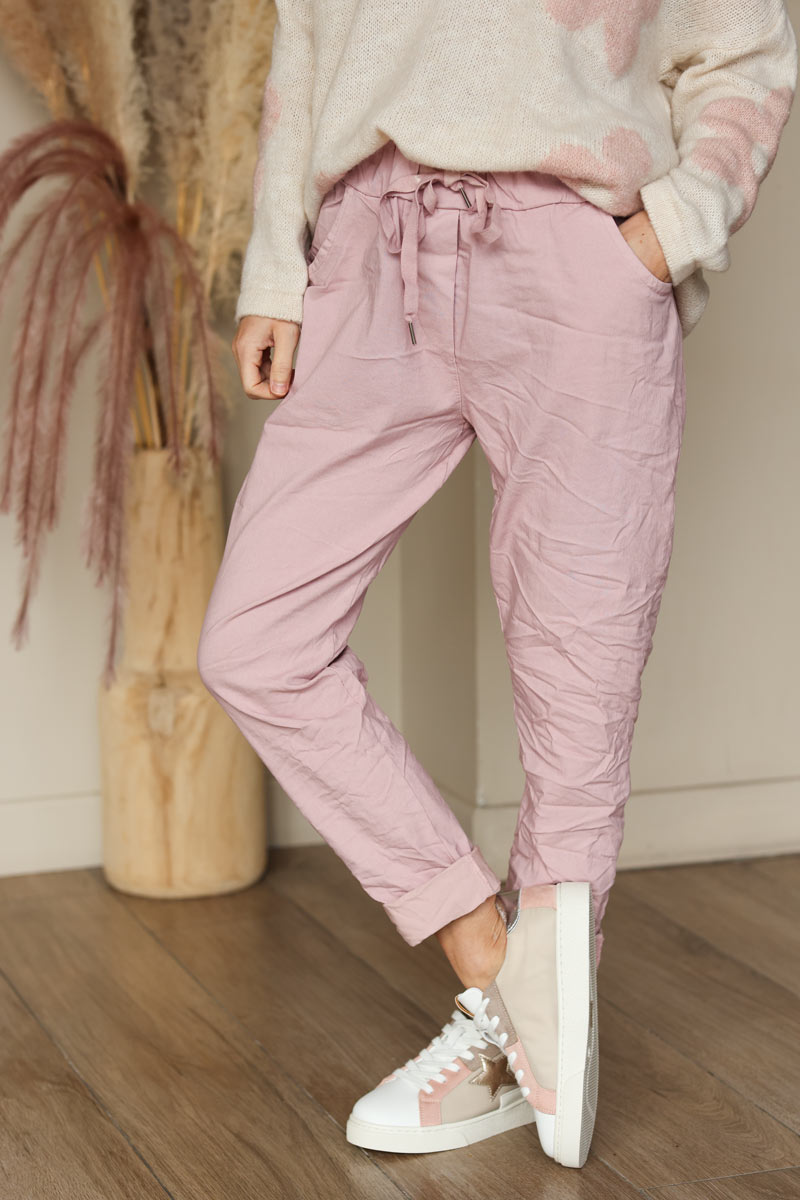 Pantalon confort rose pâle en toile stretch étoile brillante paillettes