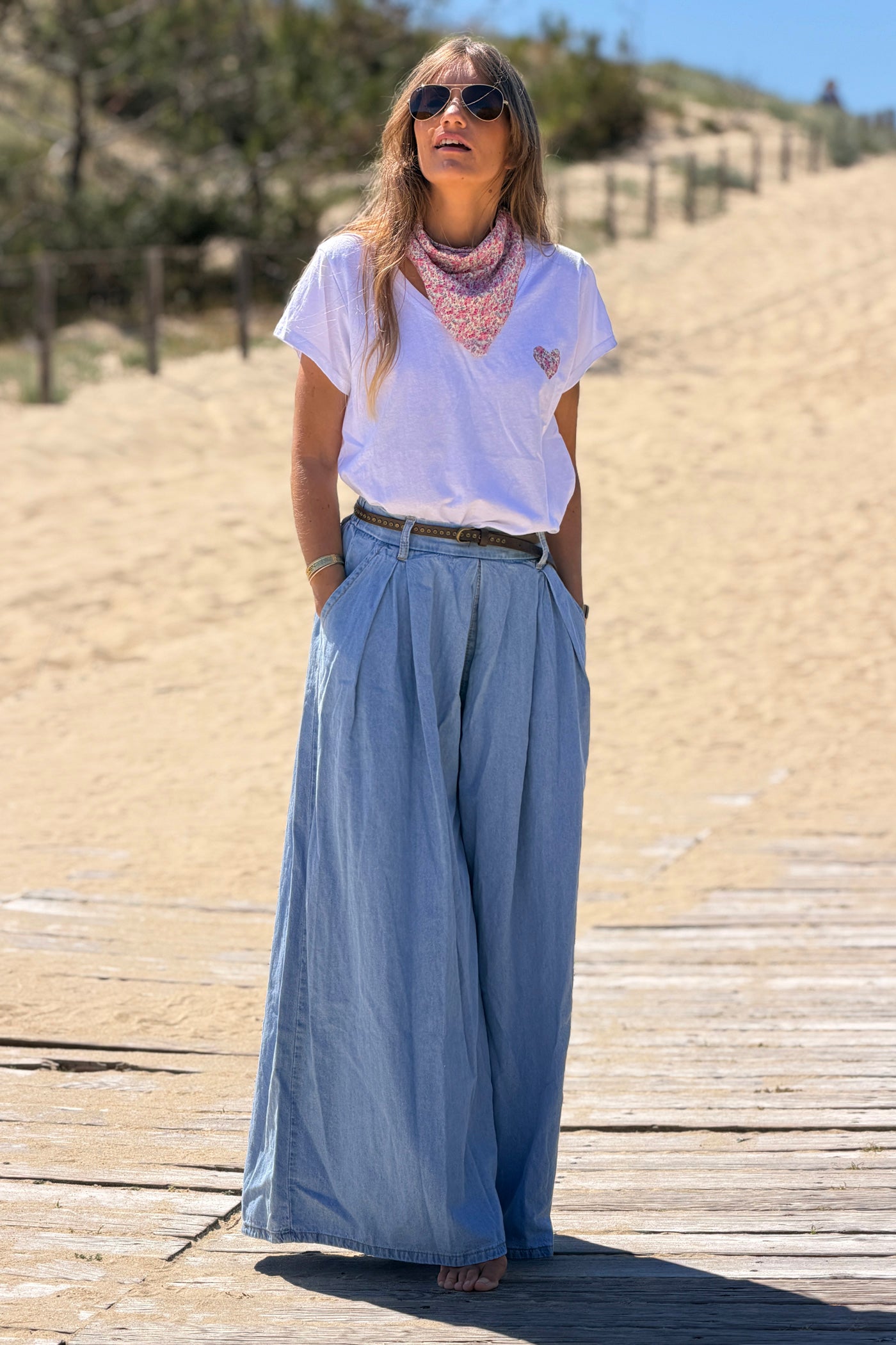 Light Chambray Draped Wide Leg Trouser Jeans with Studded Belt