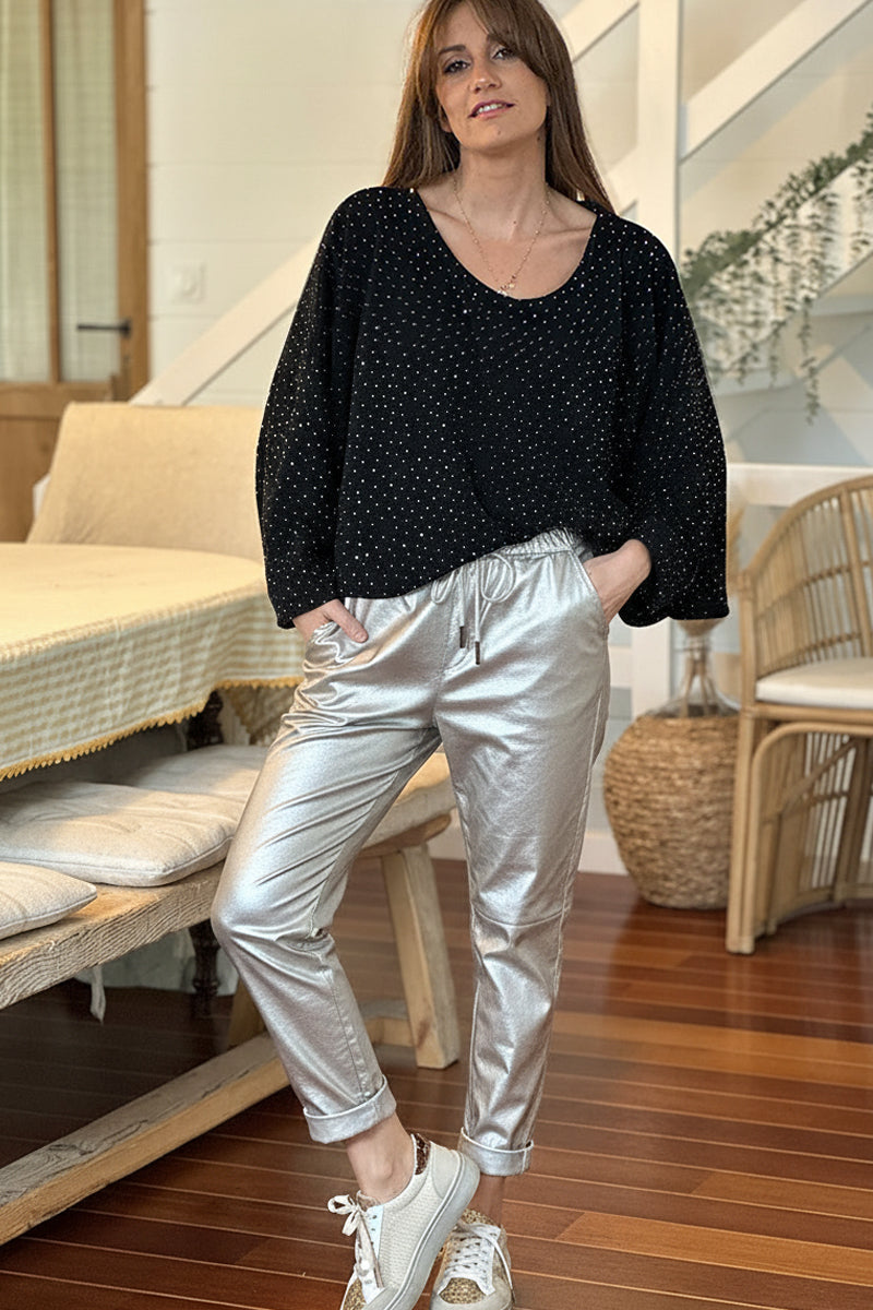 Pantalon doré en simili effet huile fourré taille élastique avec cordon