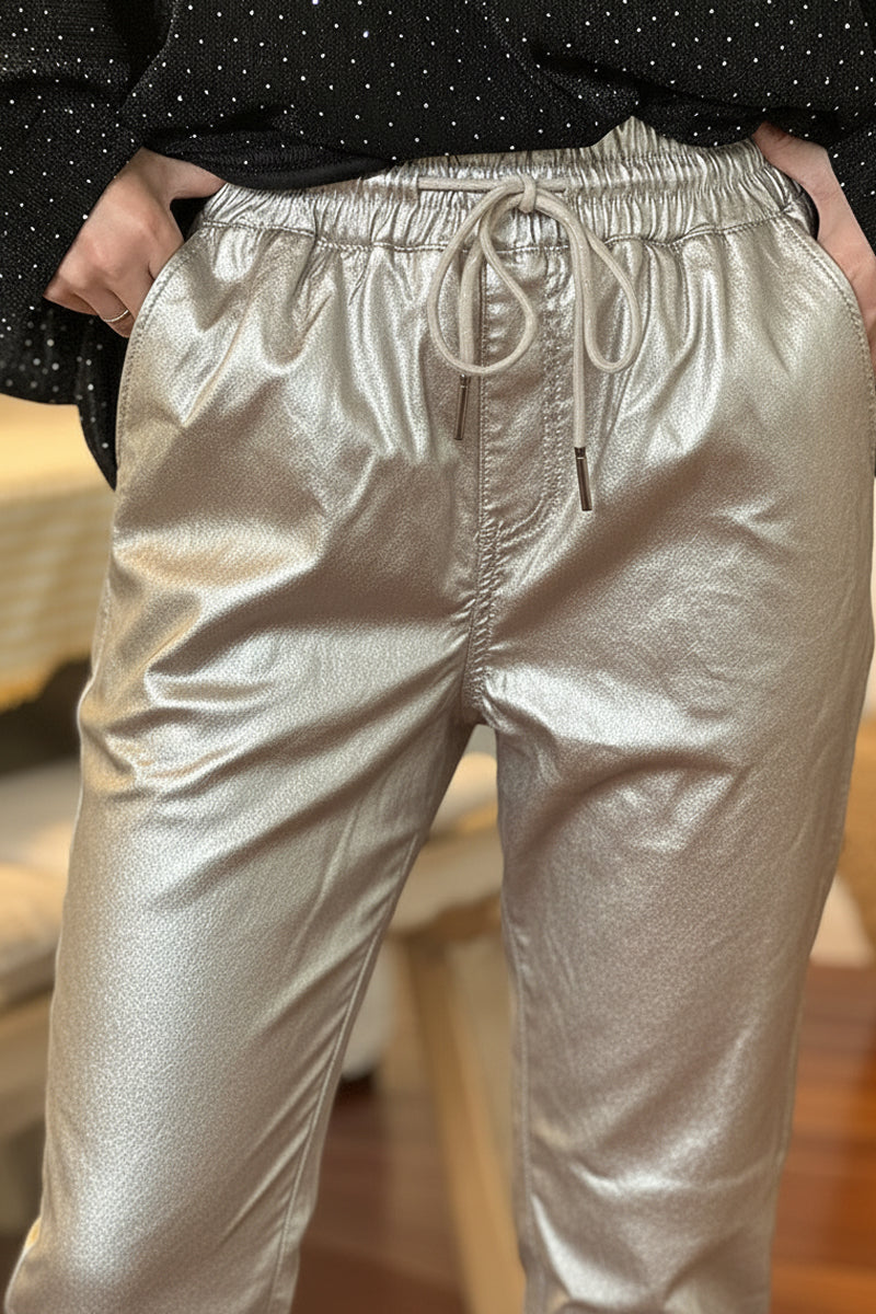 Pantalon doré en simili effet huile fourré taille élastique avec cordon