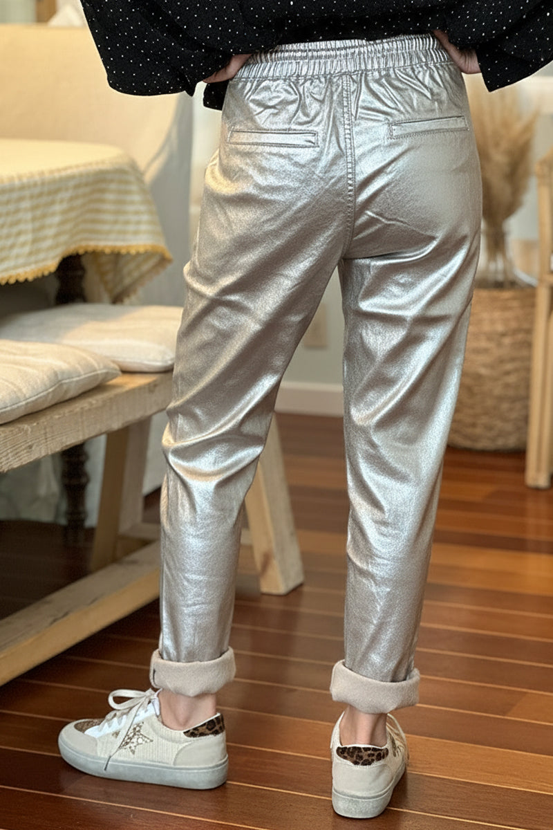 Pantalon doré en simili effet huile fourré taille élastique avec cordon