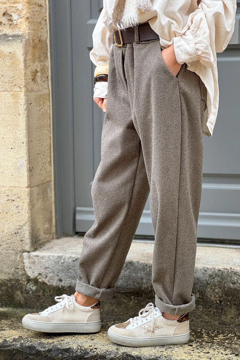 Gray Herringbone Tweed Pull-On Pants with Belt