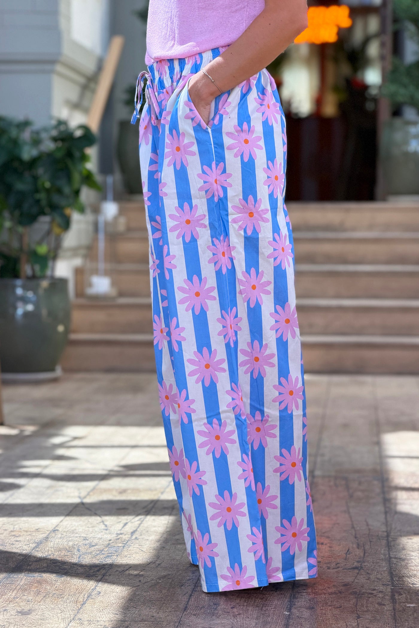 Blue Daisy Stripe Drawstring Palazzo Pants
