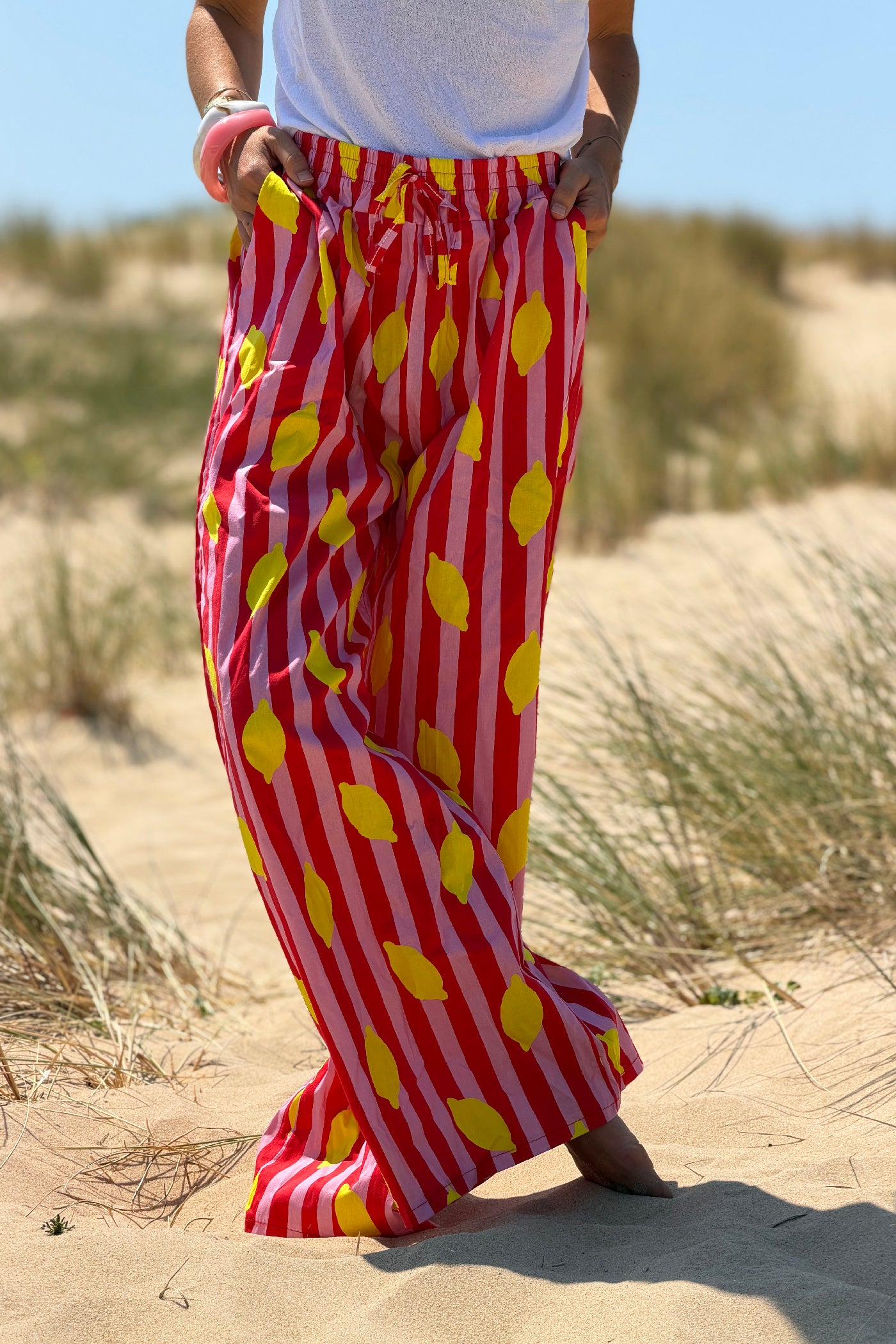 Pink Lemon Stripe Drawstring Palazzo Pants
