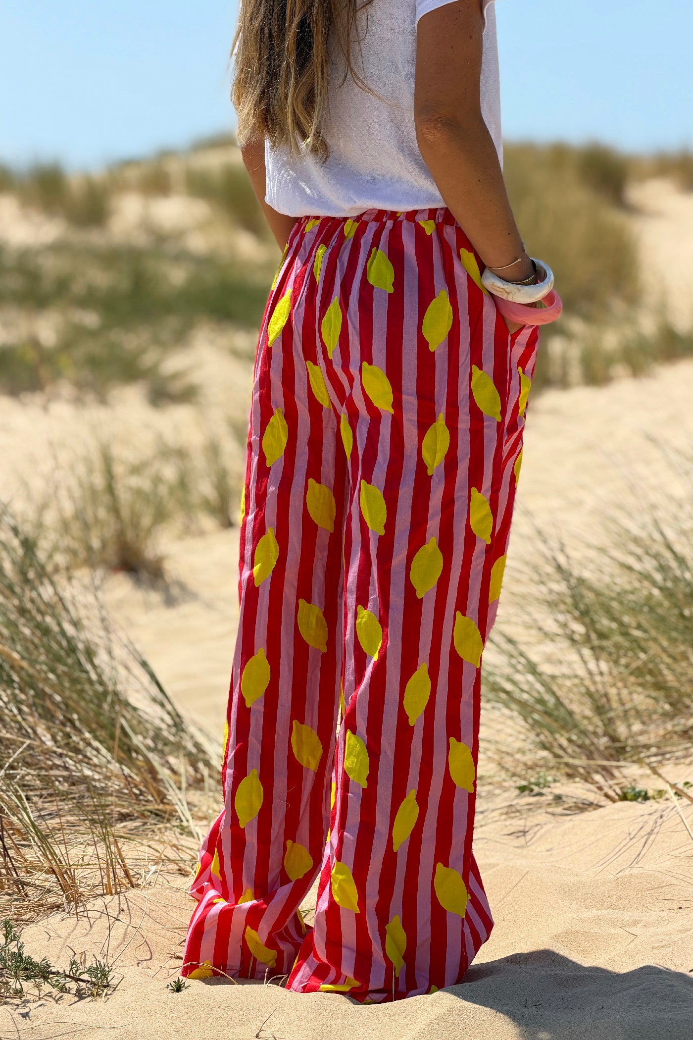 Pink Lemon Stripe Drawstring Palazzo Pants
