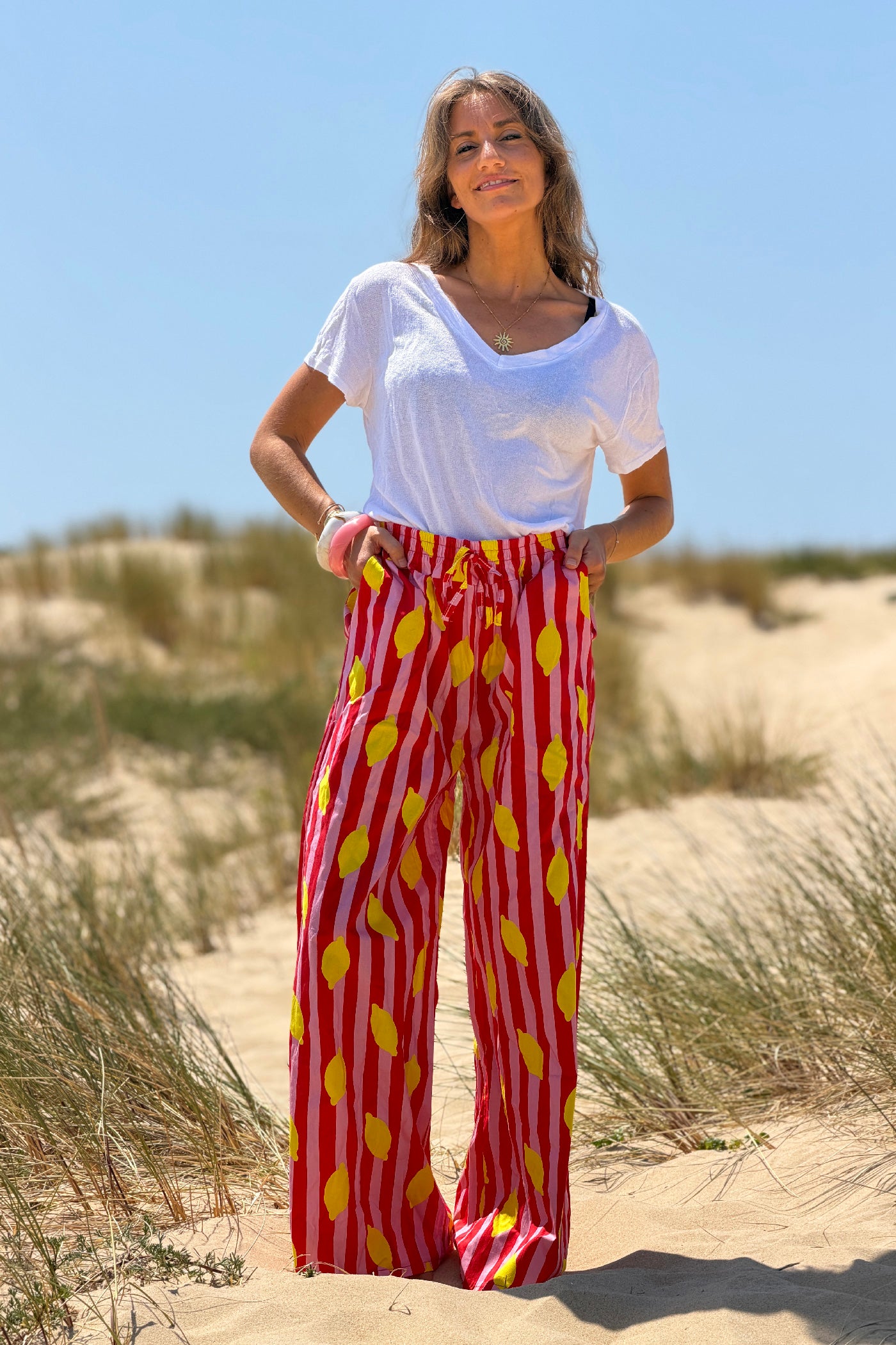 Pink Lemon Stripe Drawstring Palazzo Pants
