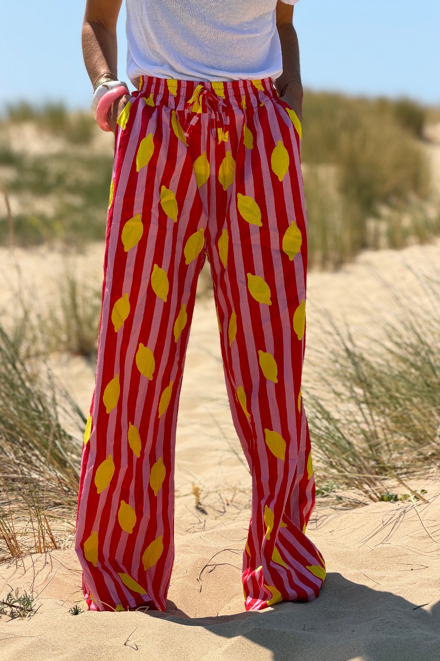 Pink Lemon Stripe Drawstring Palazzo Pants
