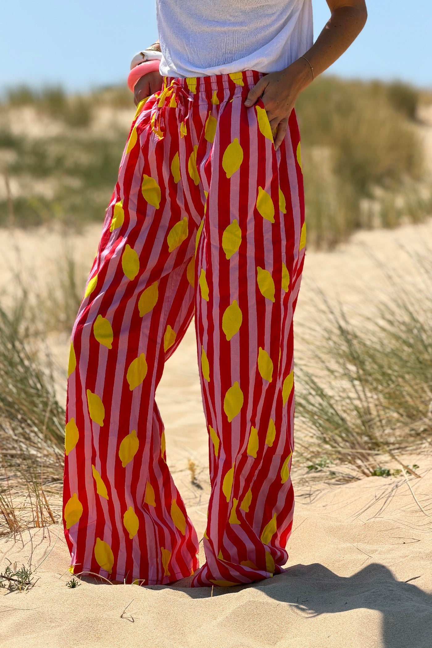Pink Lemon Stripe Drawstring Palazzo Pants
