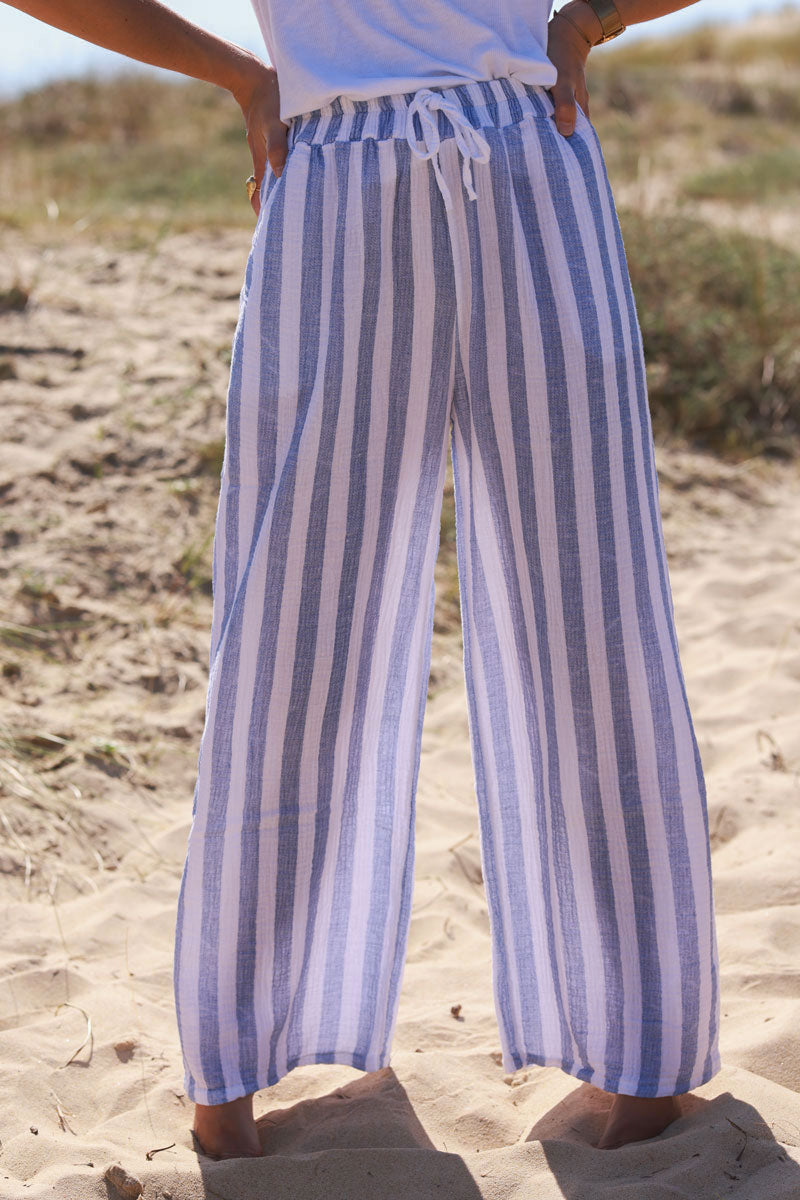 Pantalon en gaze de coton à rayures bleu jean wide leg ceinture élastique