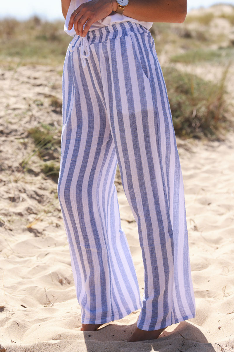 Pantalon en gaze de coton à rayures bleu jean wide leg ceinture élastique