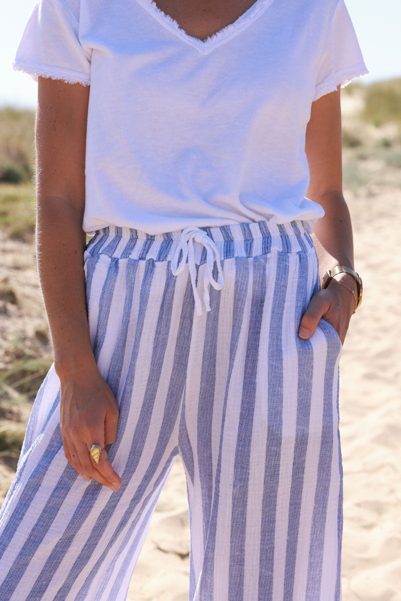 Pantalon en gaze de coton à rayures bleu jean wide leg ceinture élastique