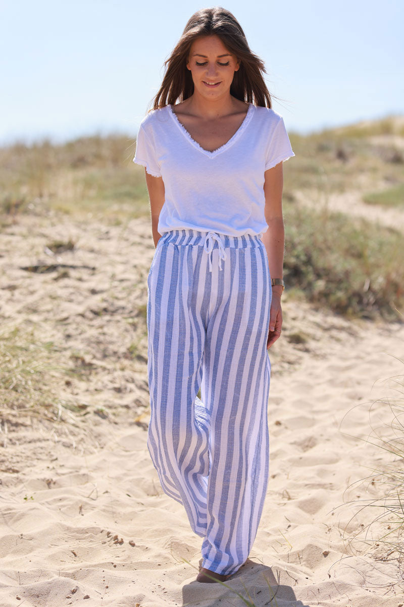 Pantalon en gaze de coton à rayures bleu jean wide leg ceinture élastique