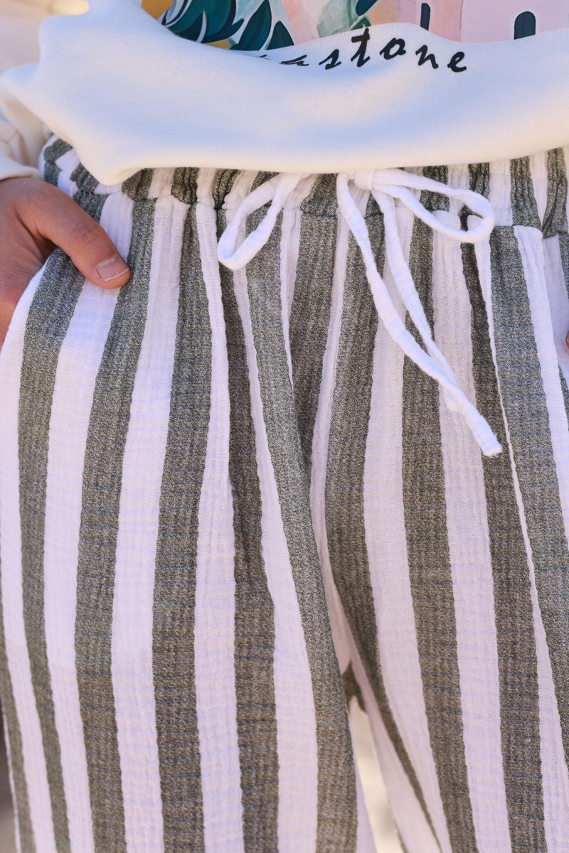 Pantalon en gaze de coton à rayures kaki wide leg ceinture élastique