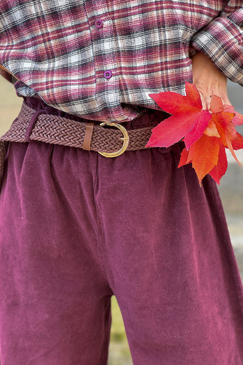 Burgundy Corduroy Paperbag Waist Pants with Woven Belt
