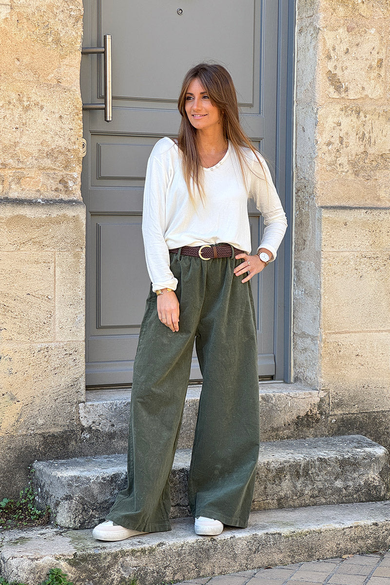 Olive Corduroy Paperbag Waist Pants with Woven Belt