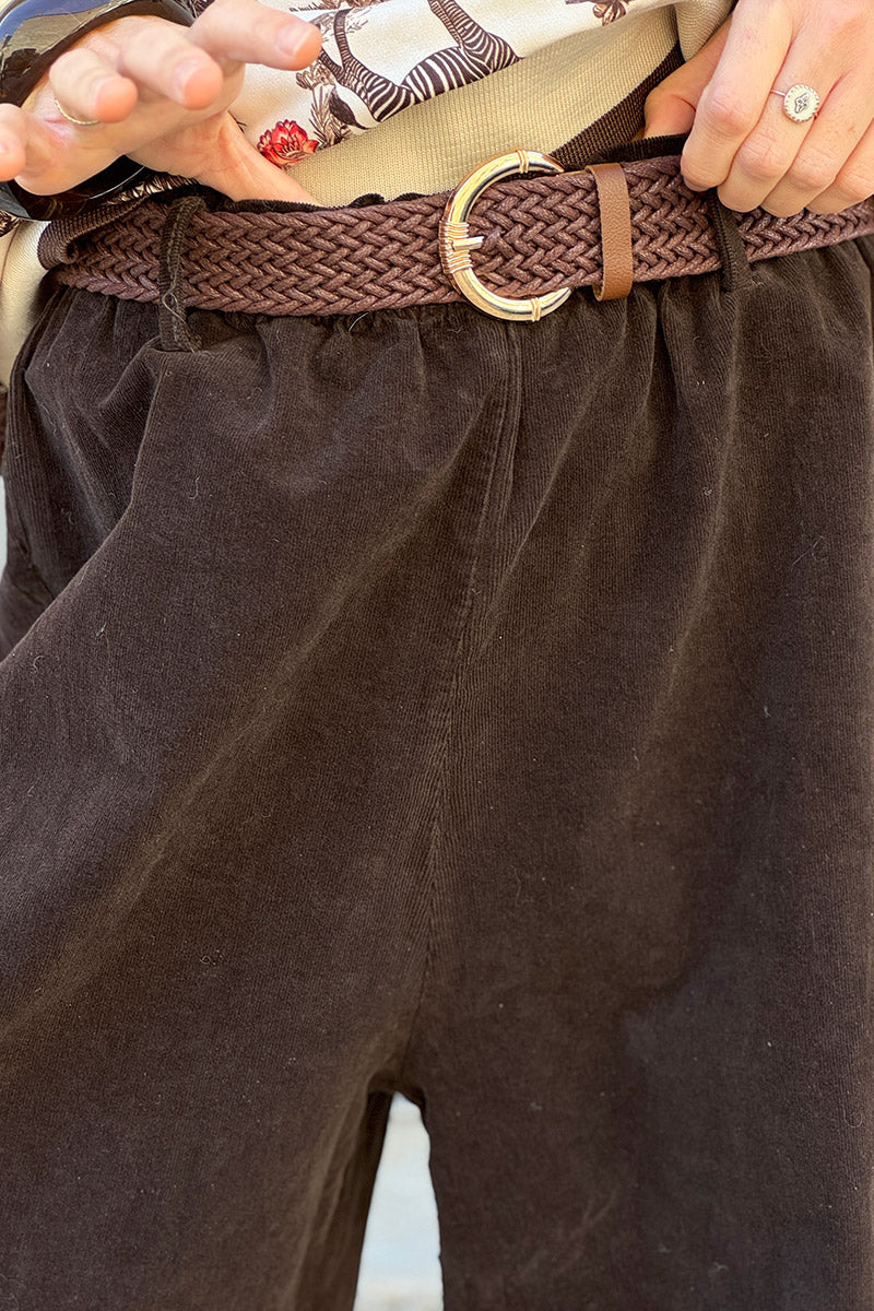 Brown Corduroy Paperbag Waist Pants with Woven Belt