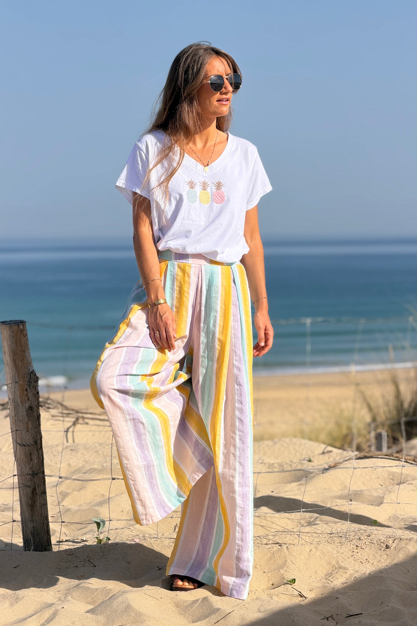 Pantalon extra large en coton rayures pastel jaune et violet taille élastique