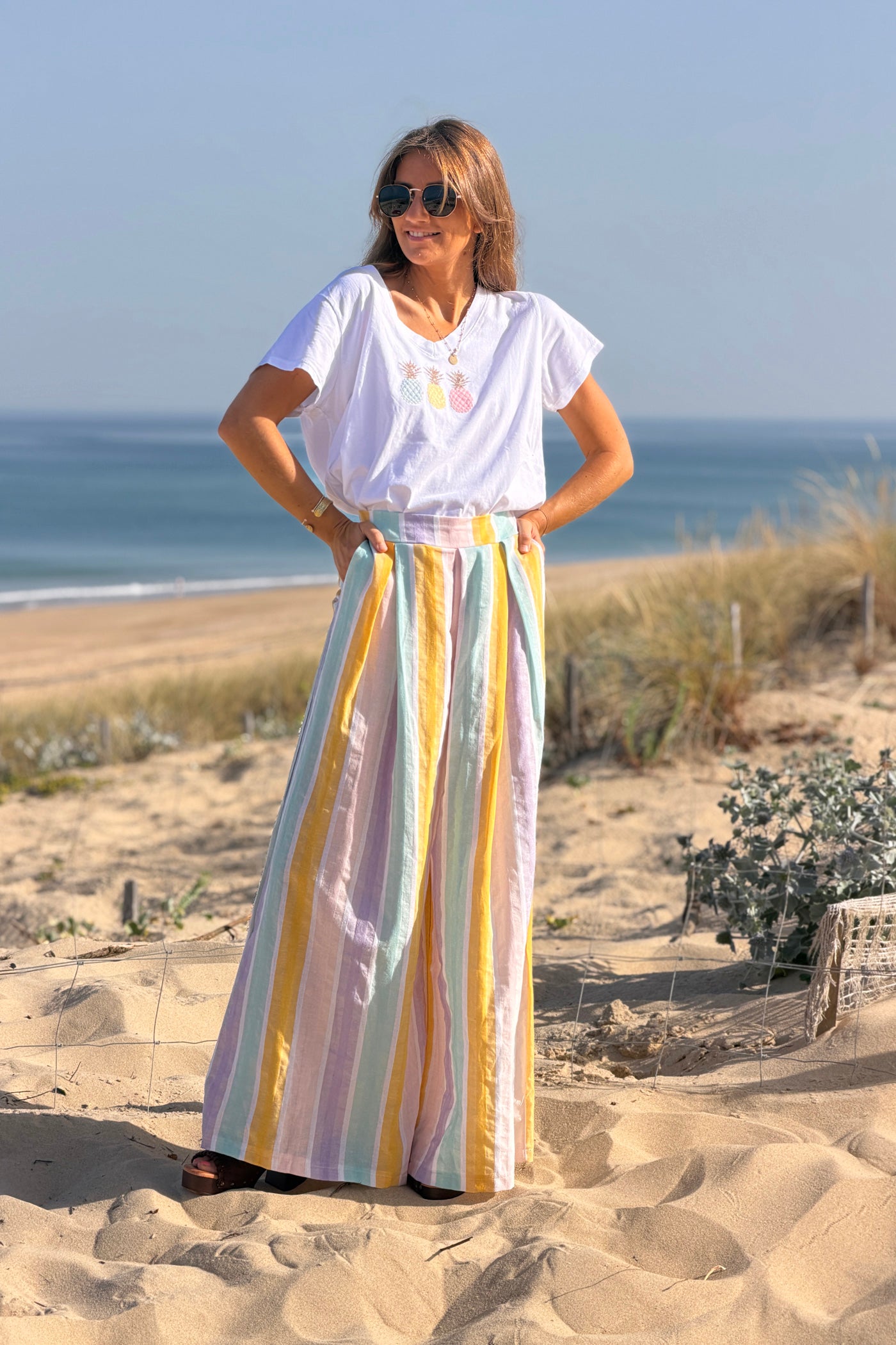Pantalon extra large en coton rayures pastel jaune et violet taille élastique