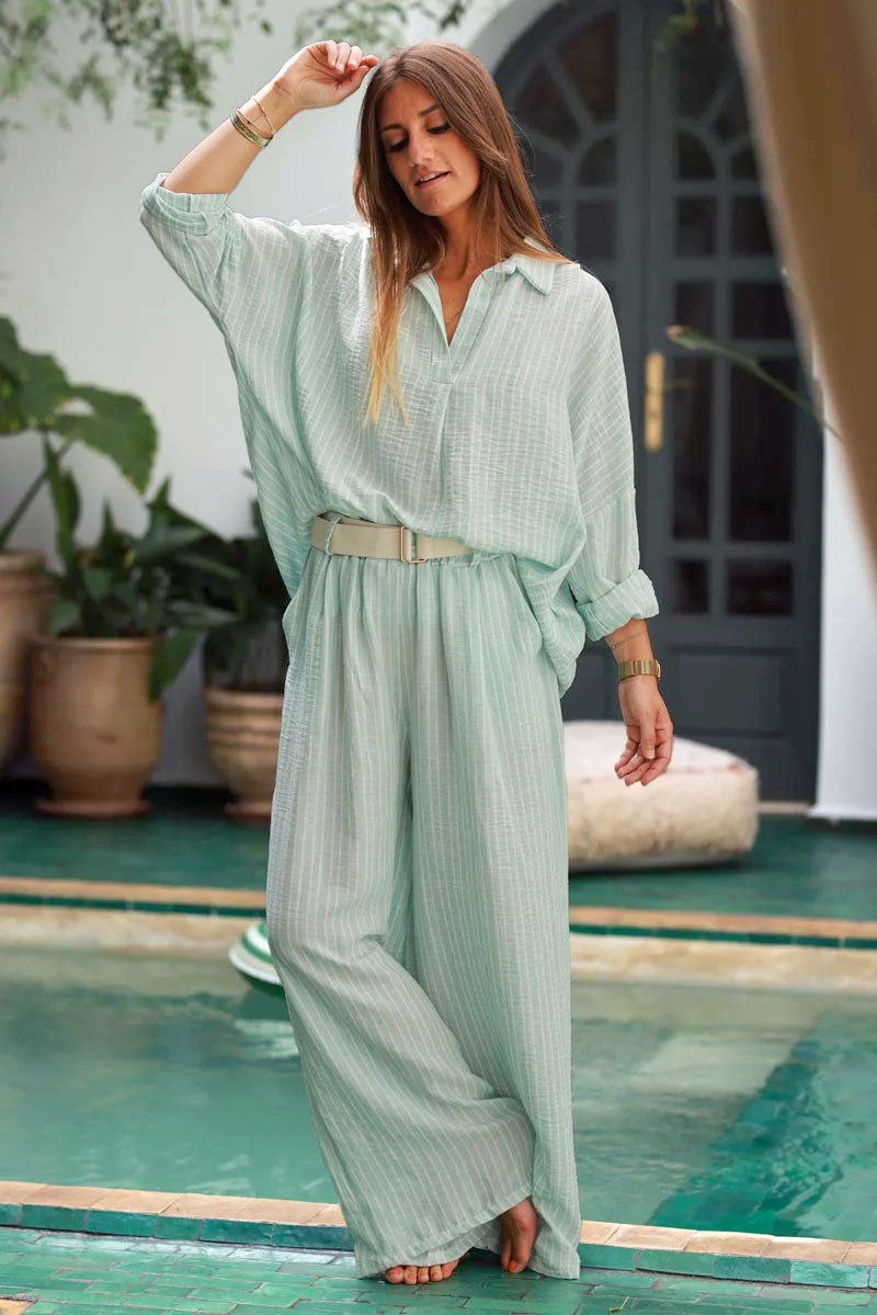 Water Green Pinstripe Woven Wide-Leg Trousers
