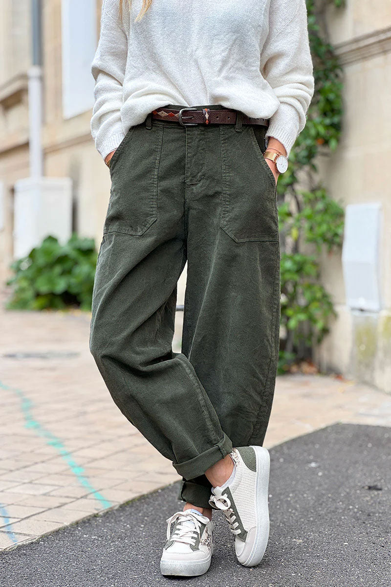 Pantalon kaki en velours côtelé coupe ballon avec ceinture broderie aztèque
