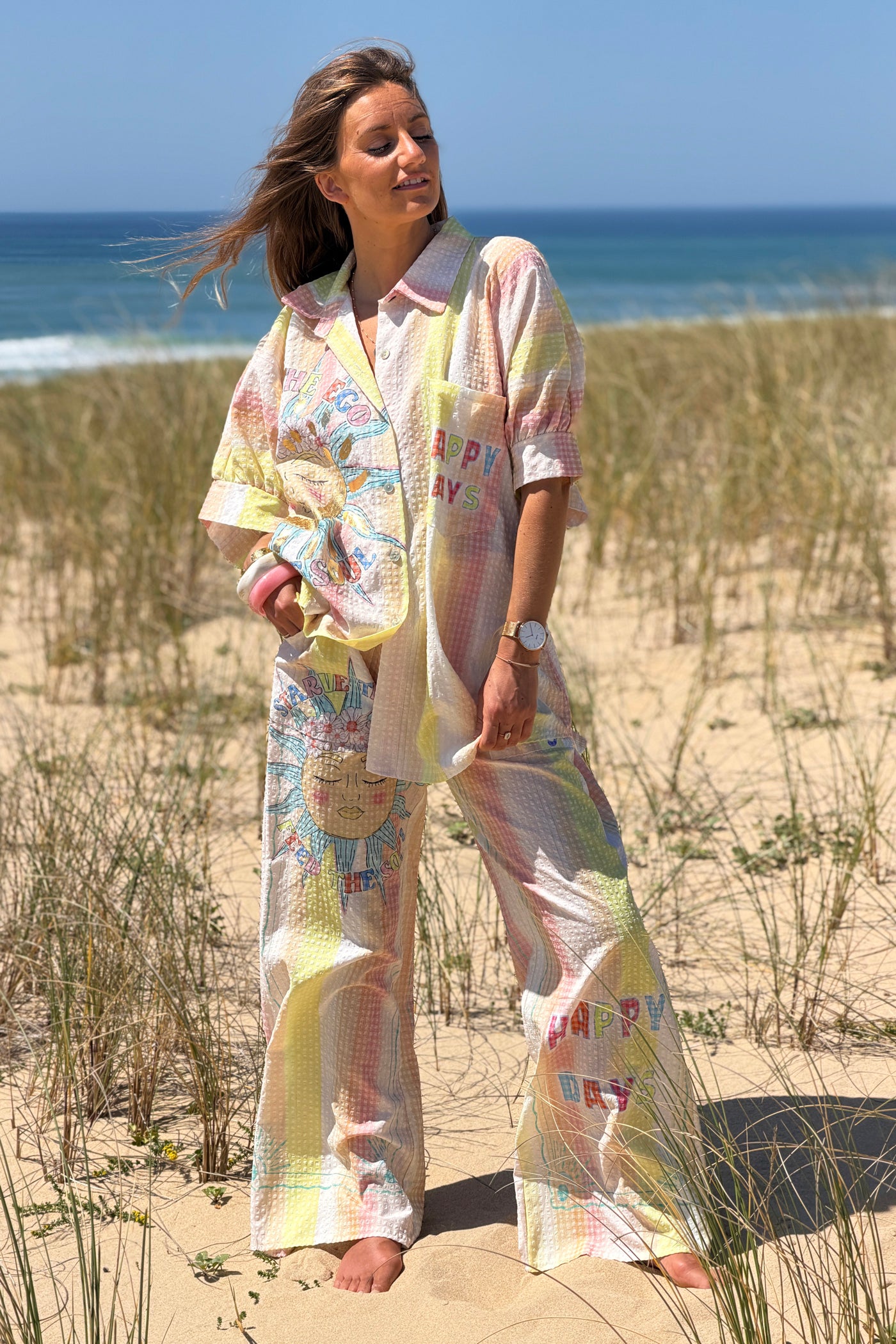 Yellow “Happy Days” Pastel Stripe Gauze Beach Pants