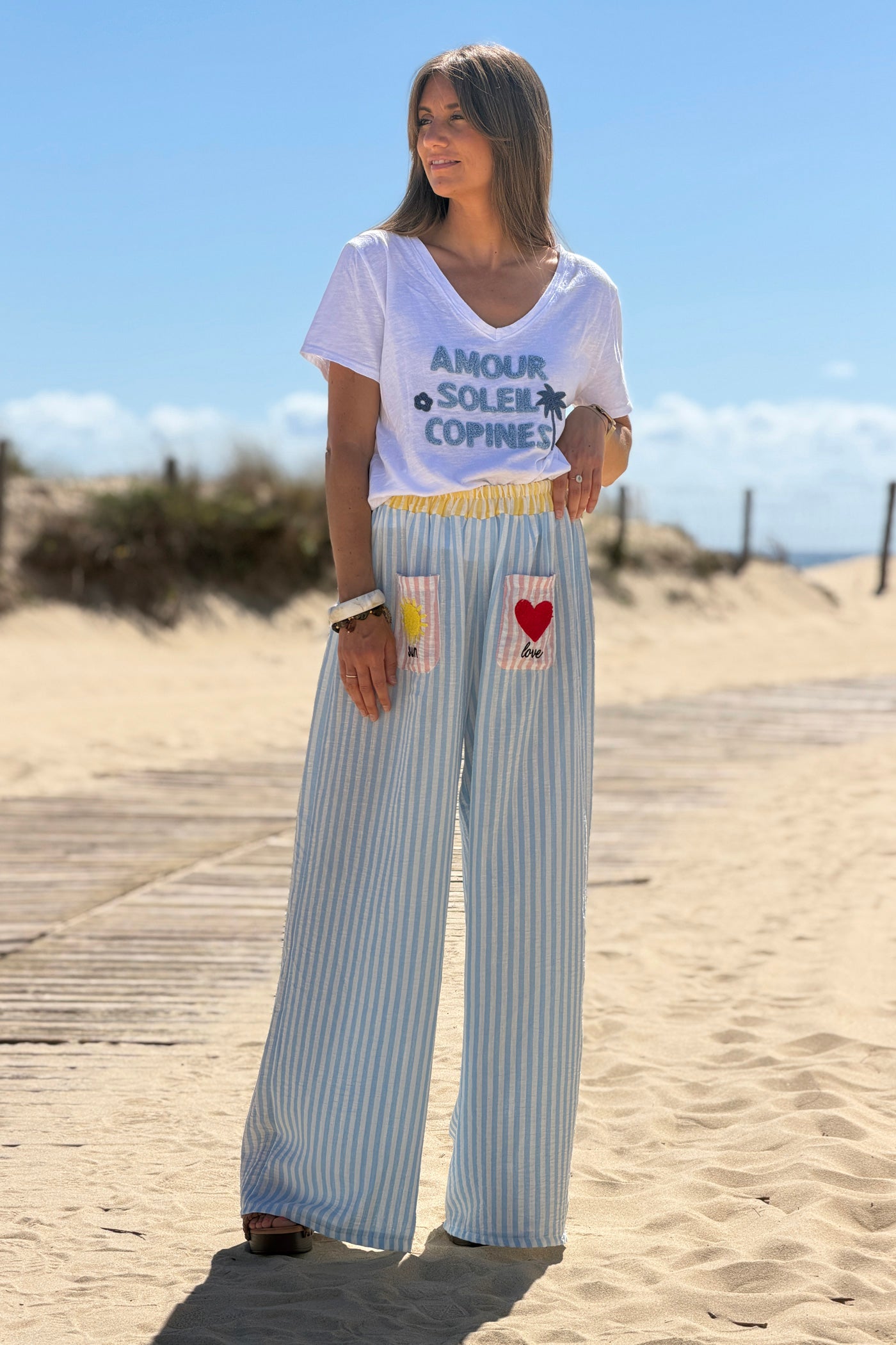Blue Pastel Pinstripe Embroidered Pocket Pants

