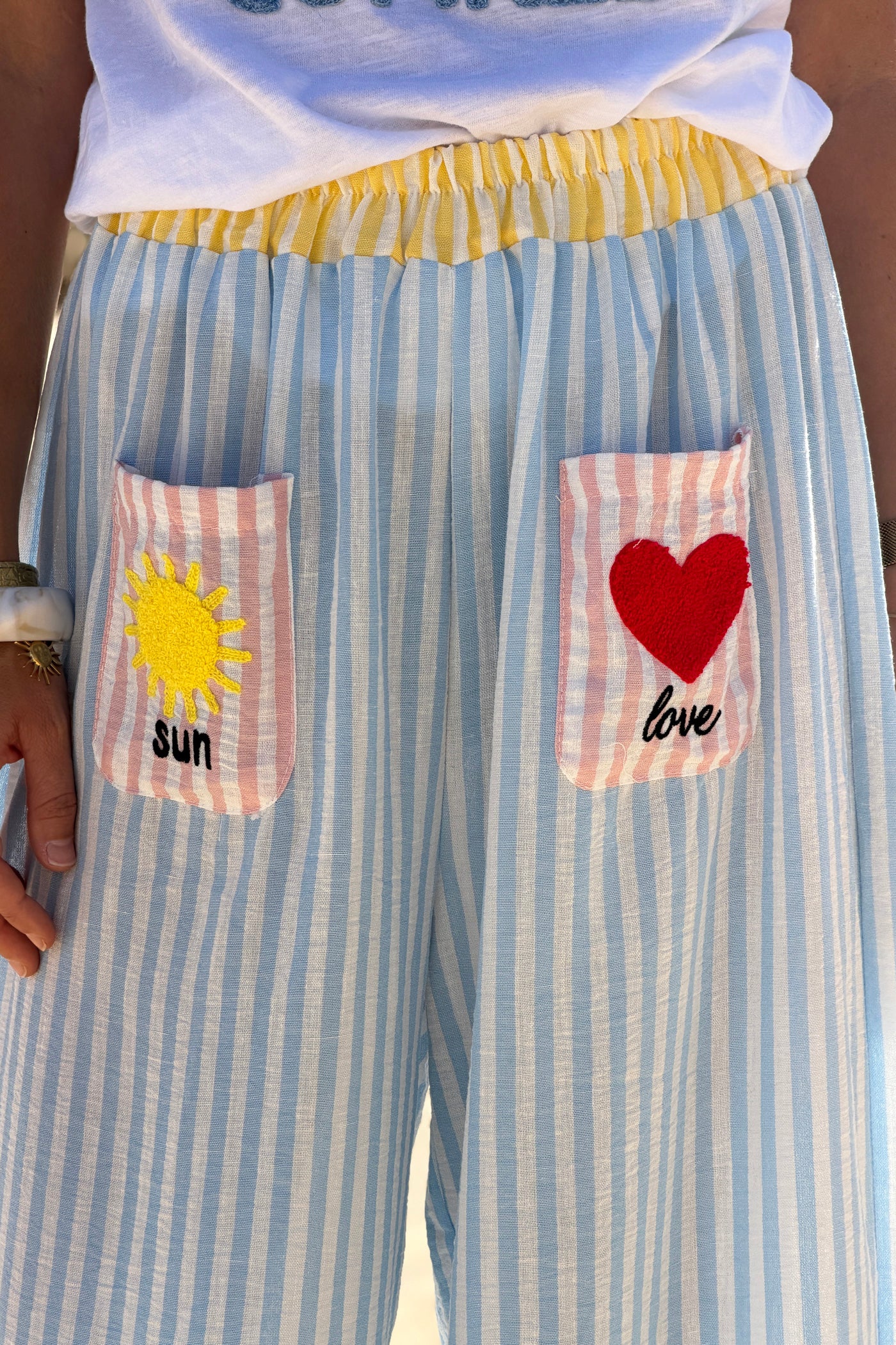 Blue Pastel Pinstripe Embroidered Pocket Pants

