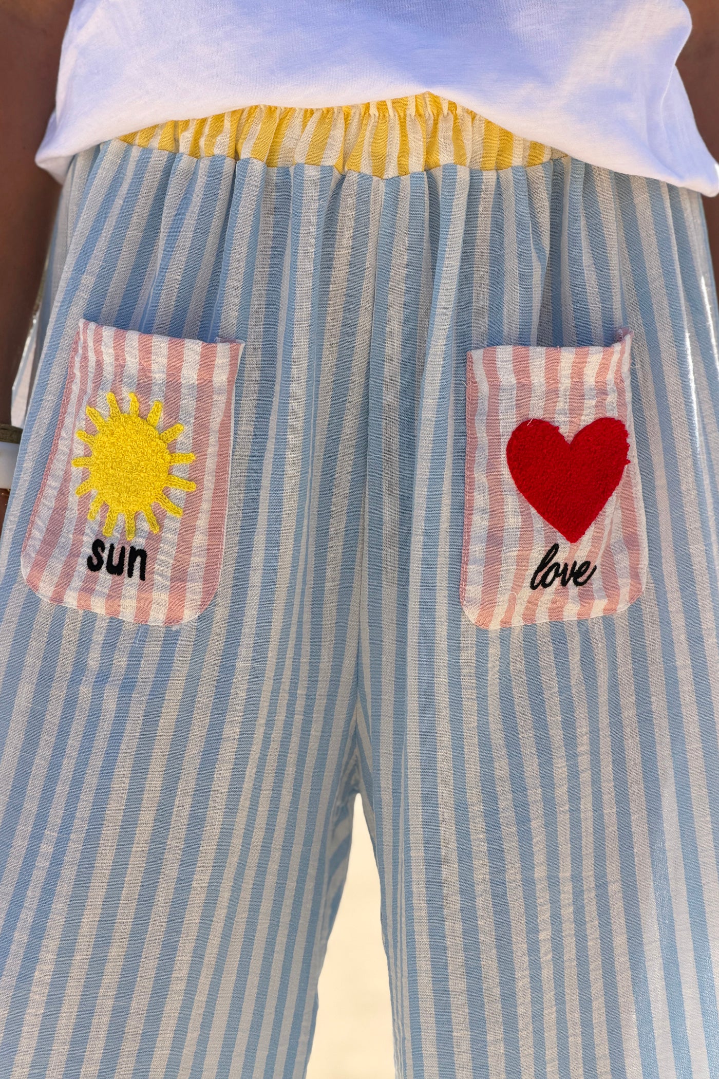 Blue Pastel Pinstripe Embroidered Pocket Pants

