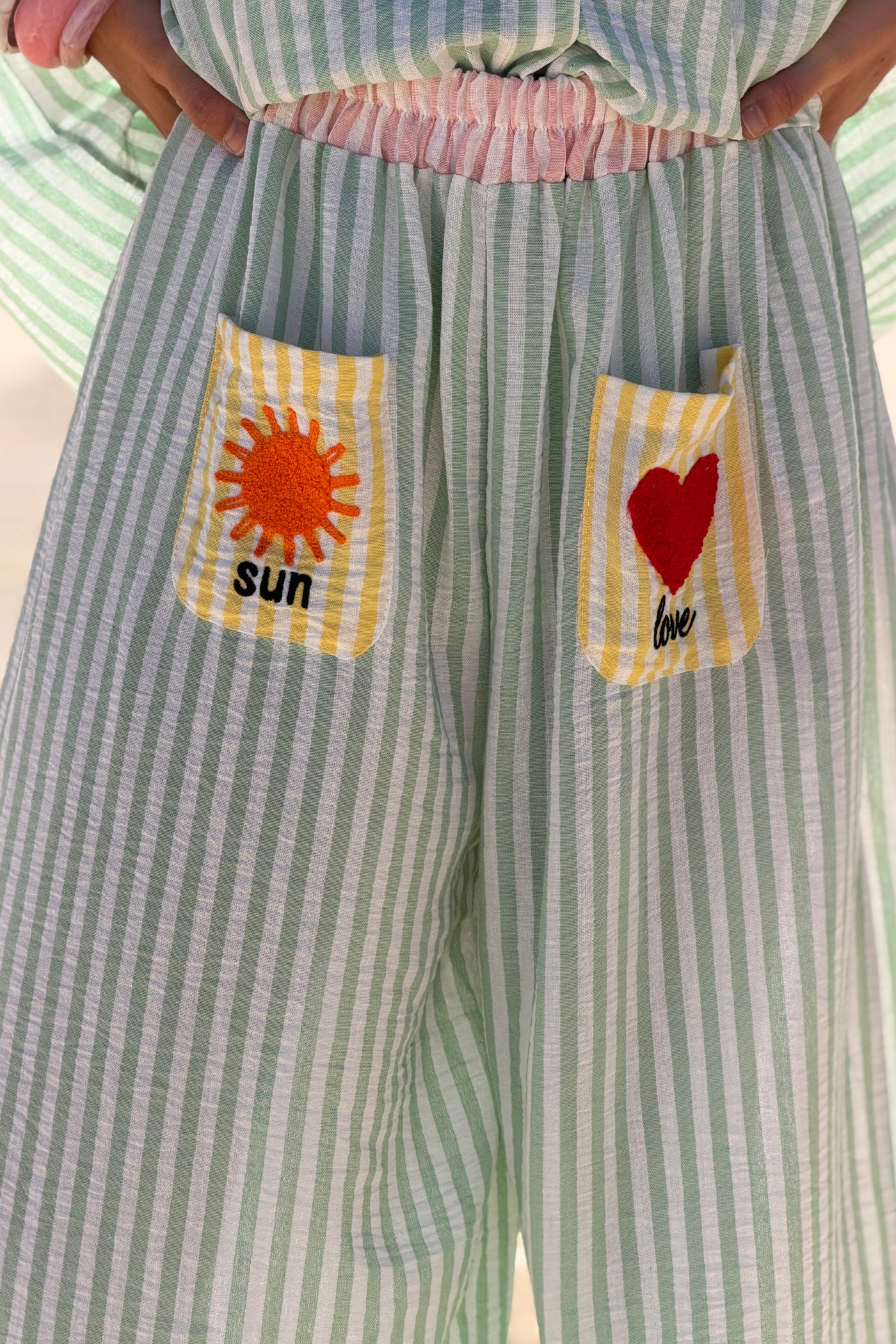 Green Pastel Pinstripe Embroidered Pocket Pants