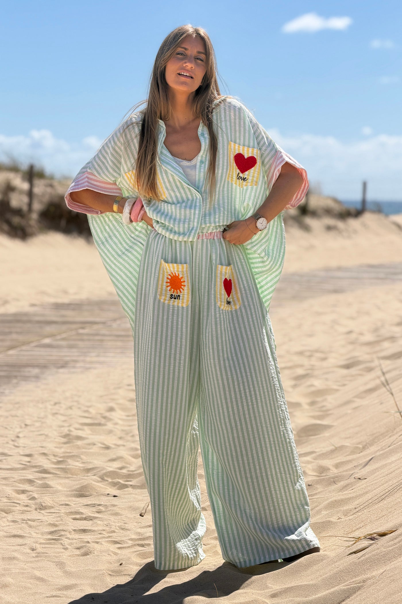 Green Pastel Pinstripe Embroidered Pocket Pants