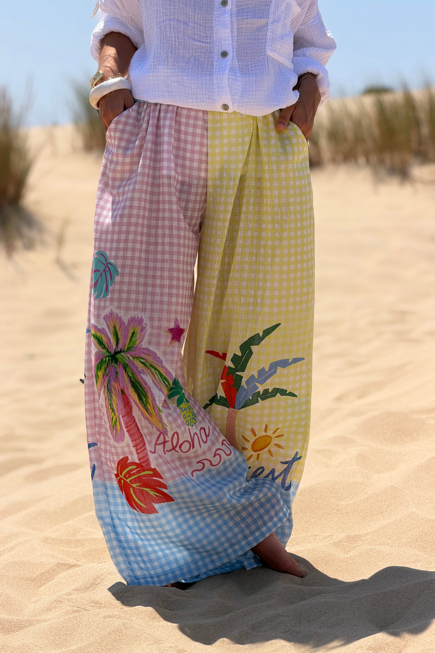 Pantalon large imprimé petits carreaux vichy rose et jaune palmier taille élastique