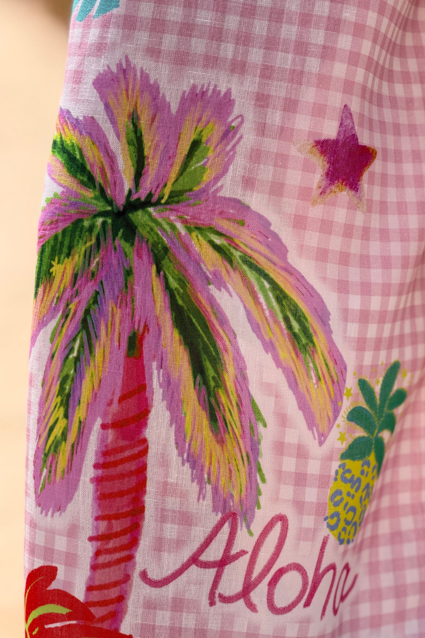 Pantalon large imprimé petits carreaux vichy rose et jaune palmier taille élastique