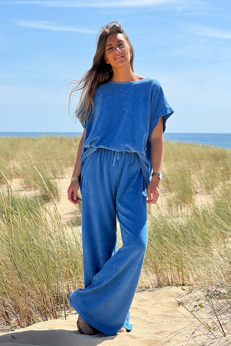 Pantalon large wide leg bleu roi et confort en éponge ceinture élastique