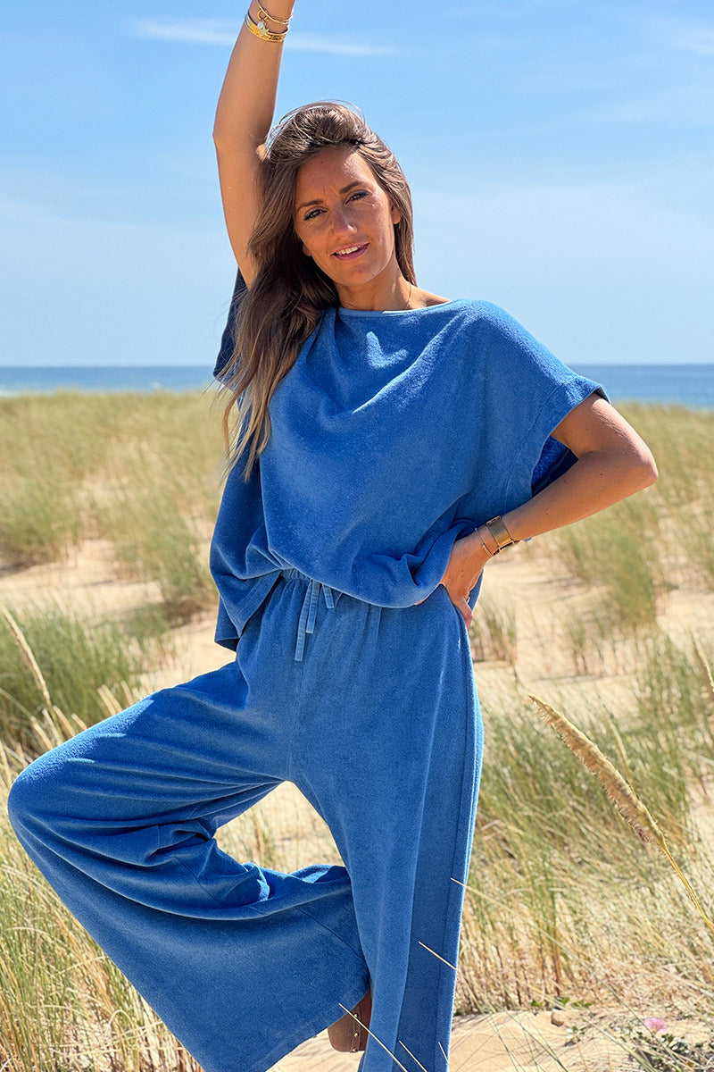 Pantalon large wide leg bleu roi et confort en éponge ceinture élastique