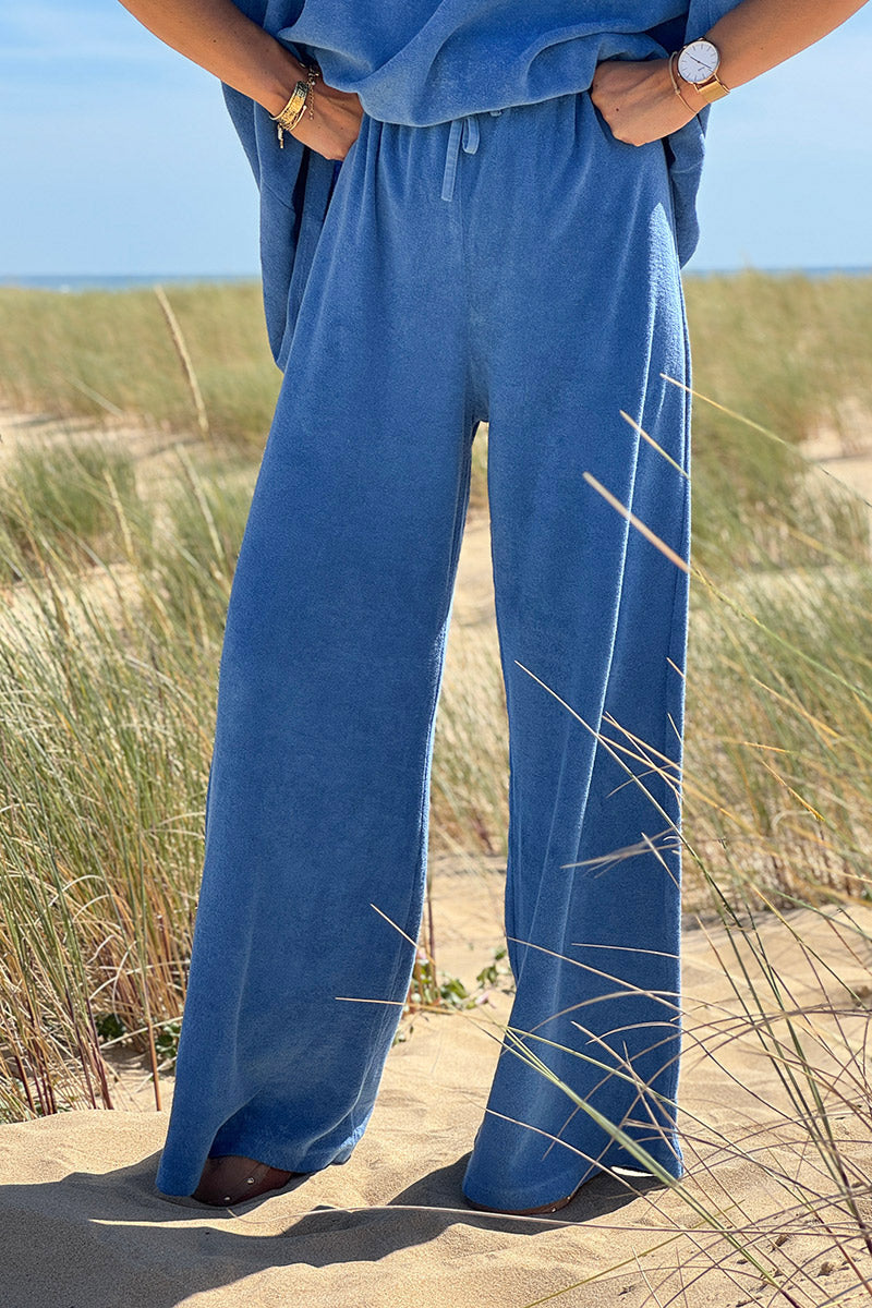 Pantalon large wide leg bleu roi et confort en éponge ceinture élastique