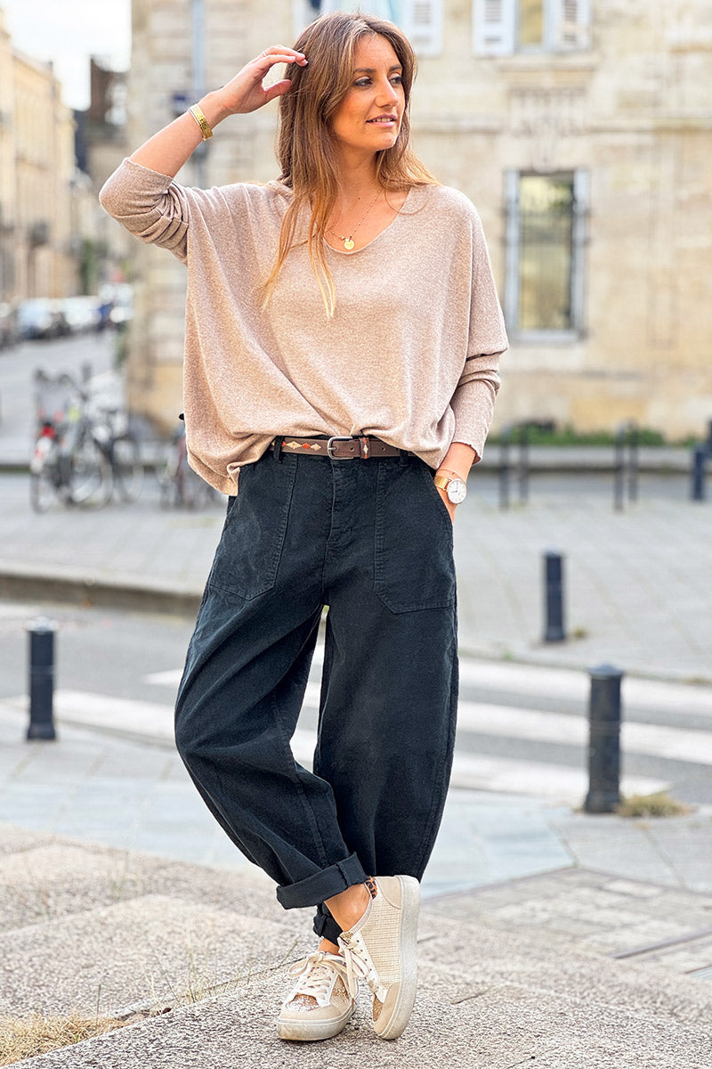 Black Corduroy Carpenter Pants with Belt