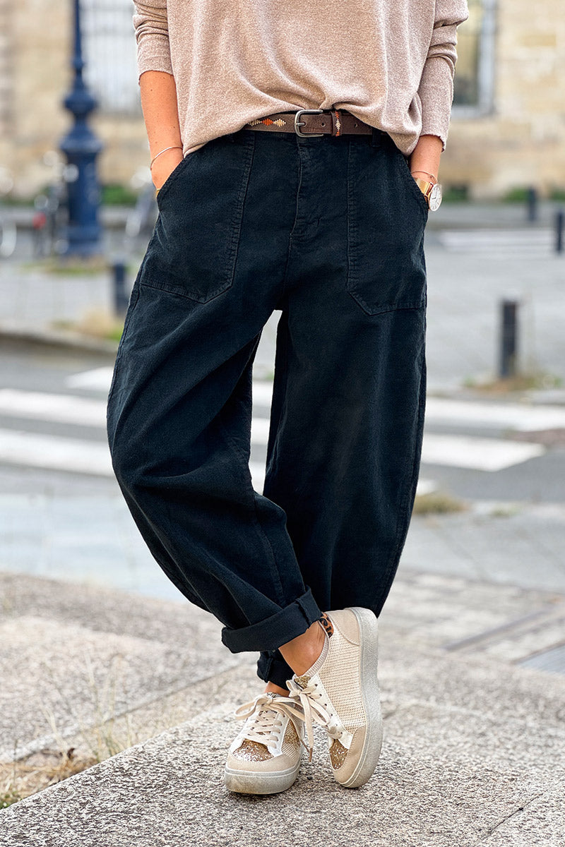 Black Corduroy Carpenter Pants with Belt