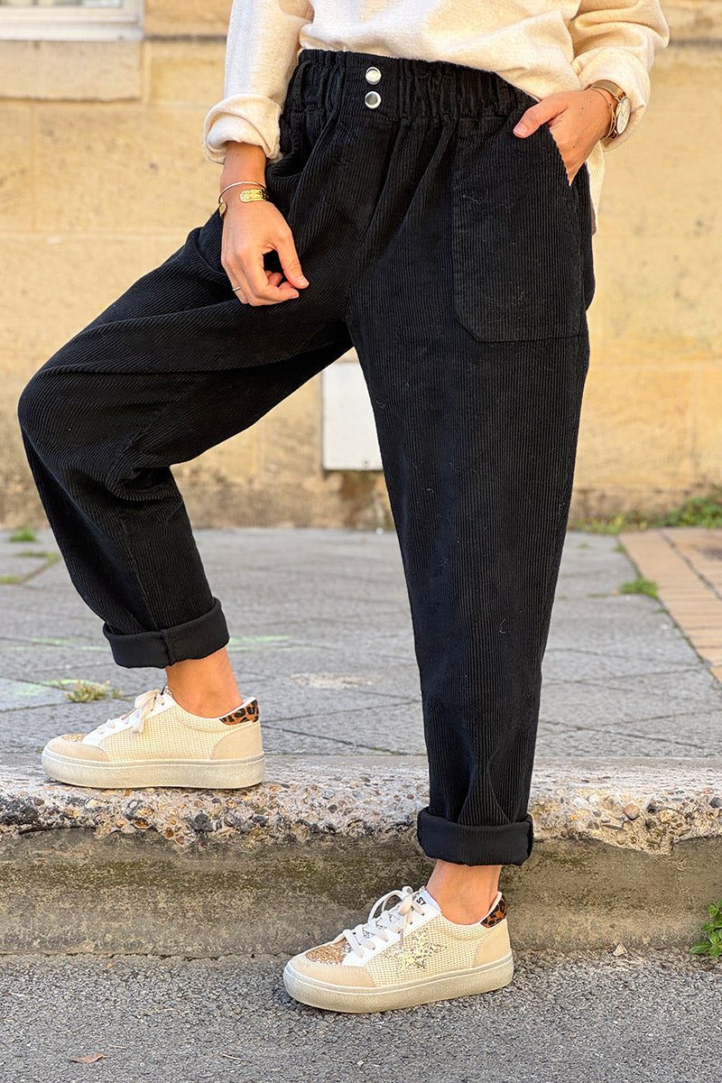 Black Paperbag Waist Corduroys